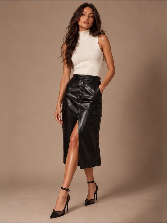 Dresses & Skirts - NWT Faux Leather Midi Cargo Skirt - Black